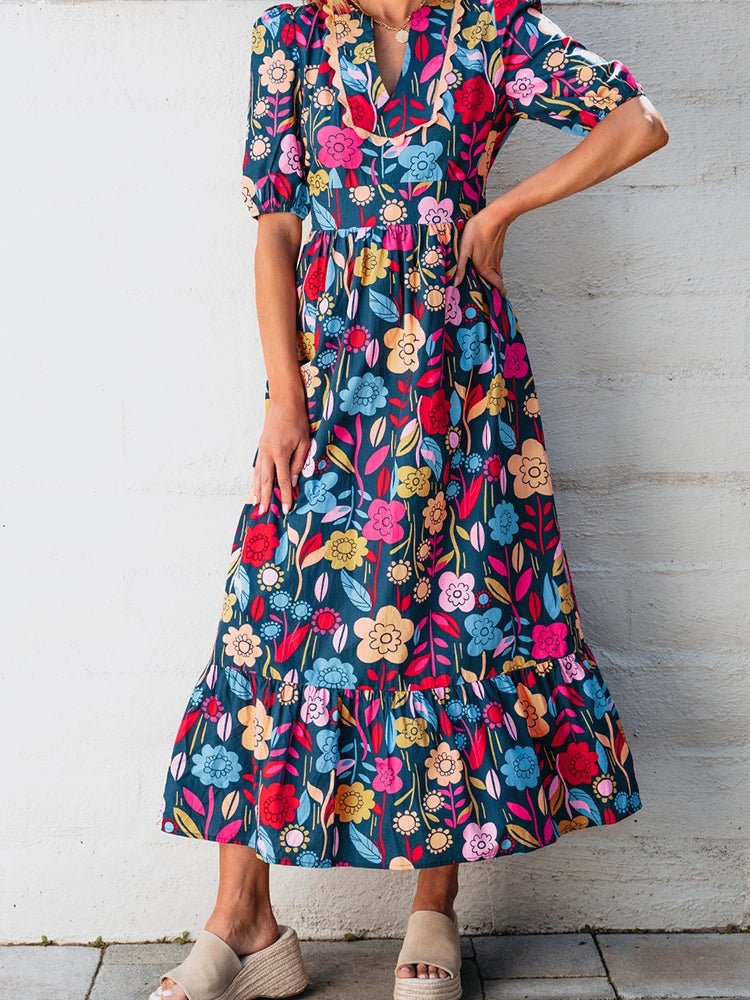 Fashion Short Sleeve Dress Summer Slimming Florals Print - Kaiju Mafia