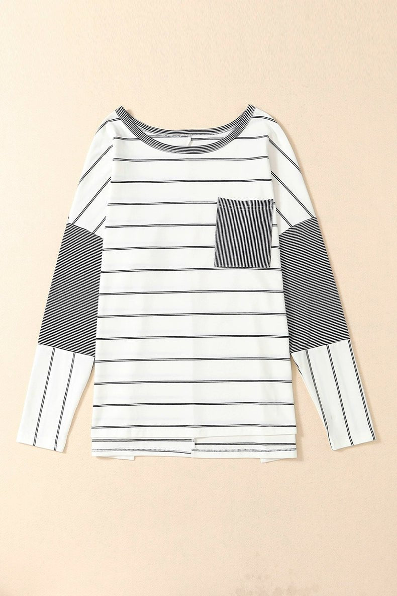 2024 Autumn Thin Striped Printed Long Sleeves T-shirt Female European and American All - Matching Hem Side Slit round Neck Pullover Top - Kaiju Mafia