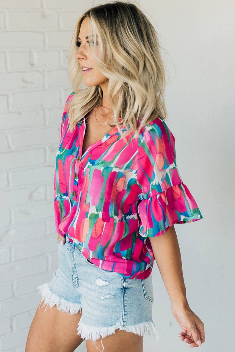 Fashion Abstract Stroke Print Short - Sleeved Chiffon Shirt Tops Women&