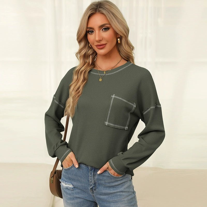 Spring New Arrival Pure Color Waffle Knitting T-shirt Female European and American Leisure Wind Pullover round Neck Long Sleeve Top Female - Kaiju Mafia