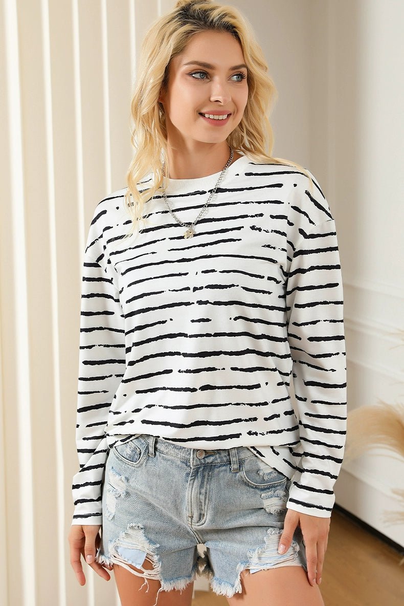 Stripes Thin Tops round Neck Pullover Long Sleeves T-shirt - Kaiju Mafia