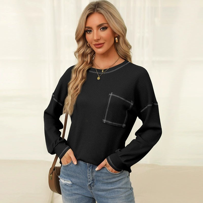 Spring New Arrival Pure Color Waffle Knitting T-shirt Female European and American Leisure Wind Pullover round Neck Long Sleeve Top Female - Kaiju Mafia