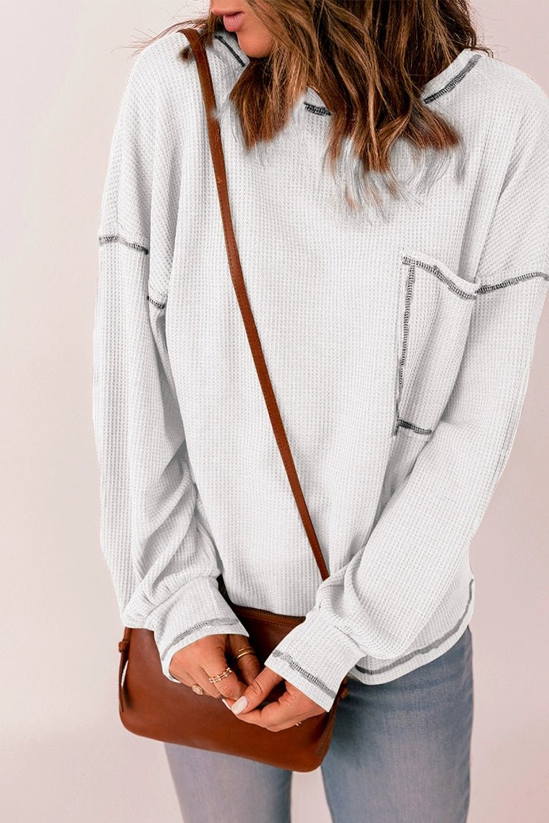 Spring New Arrival Pure Color Waffle Knitting T-shirt Female European and American Leisure Wind Pullover round Neck Long Sleeve Top Female - Kaiju Mafia