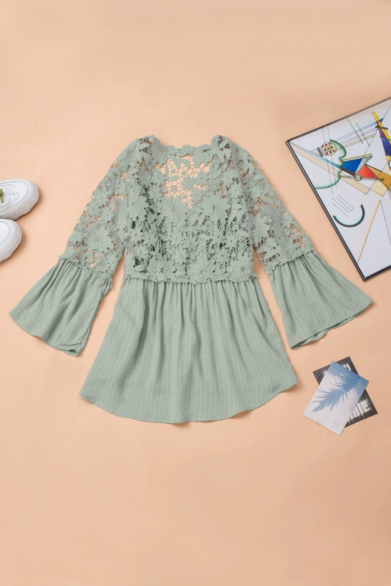 Fashion V Neck Chiffon Shirt Loose Long Sleeves Pullover Lace - Kaiju Mafia