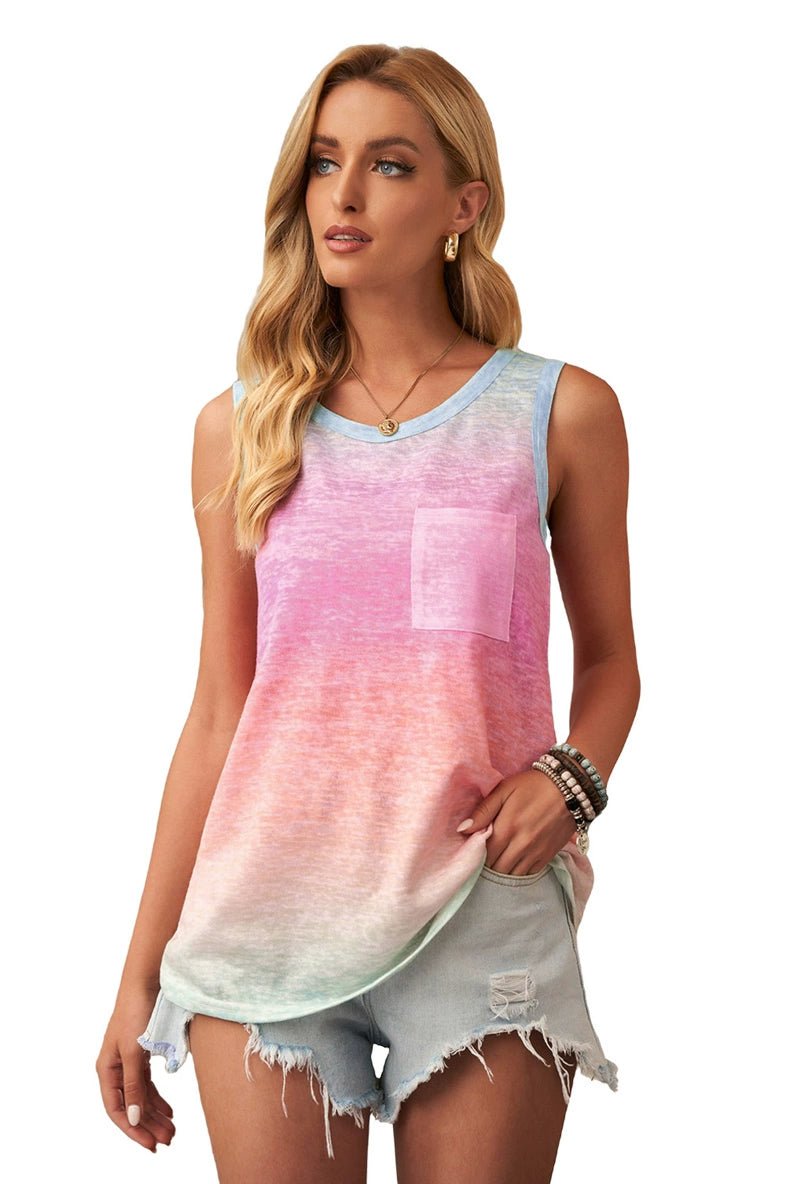 Summer New round Neck Loose Gradient Color Sleeveless T-shirt - Kaiju Mafia