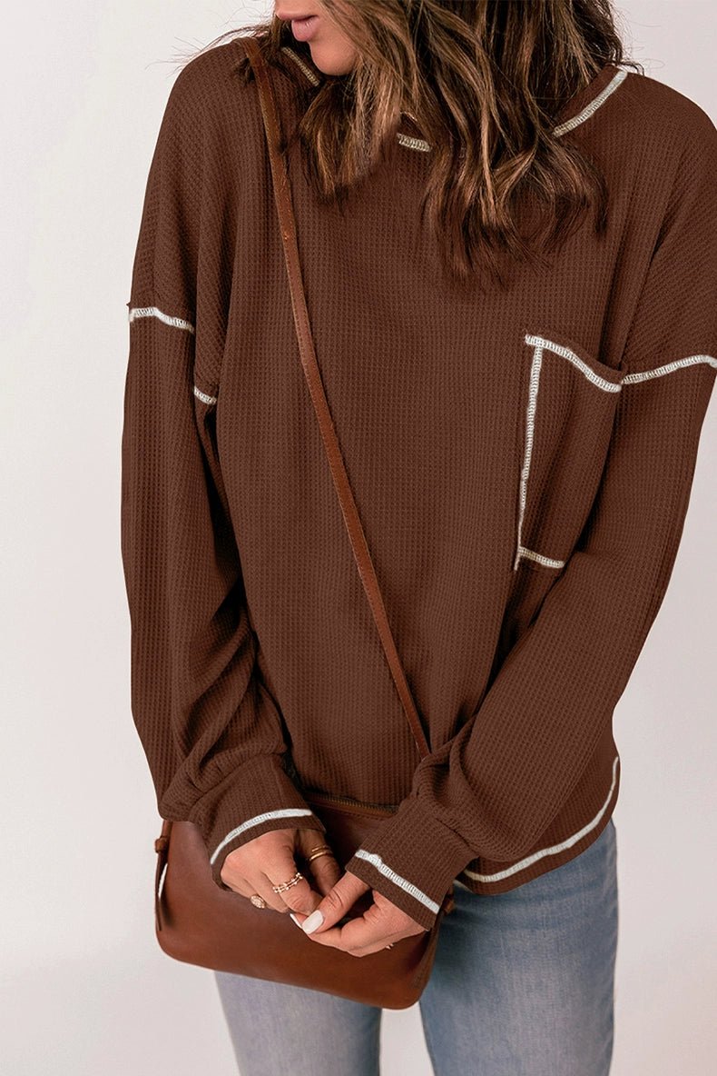 Spring New Arrival Pure Color Waffle Knitting T-shirt Female European and American Leisure Wind Pullover round Neck Long Sleeve Top Female - Kaiju Mafia