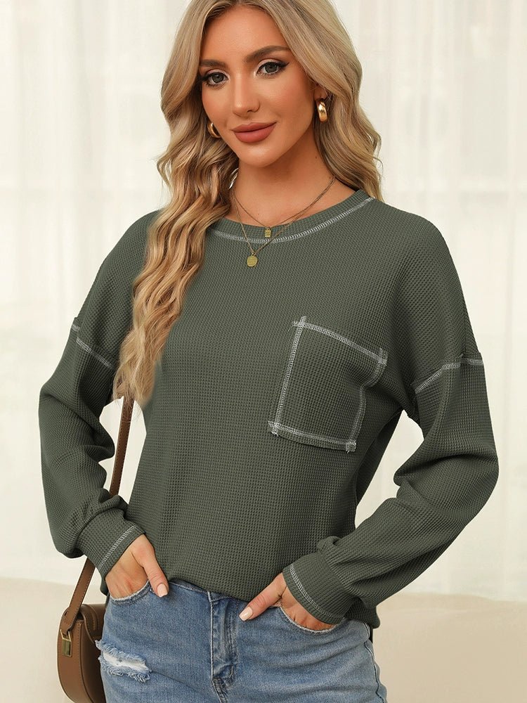 Spring New Arrival Pure Color Waffle Knitting T-shirt Female European and American Leisure Wind Pullover round Neck Long Sleeve Top Female - Kaiju Mafia