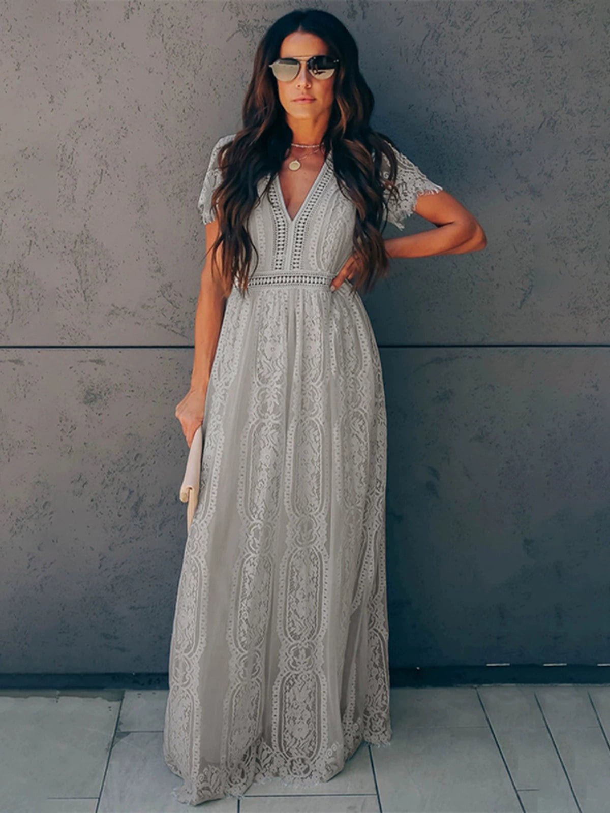 V Neck Fashion White Fairy Lace Dress Short Sleeve - Kaiju Mafia