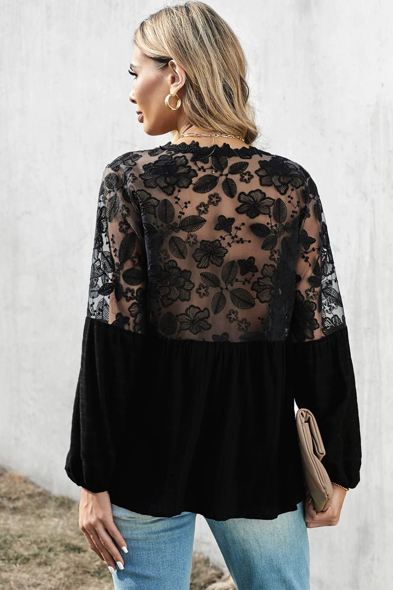 Fashion V Neck Chiffon Shirt Loose Long Sleeves Pullover Lace - Kaiju Mafia