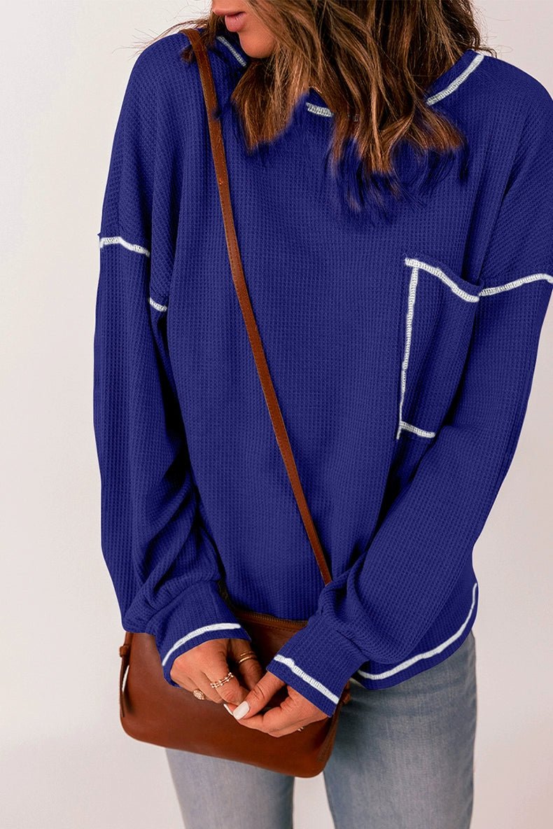 Spring New Arrival Pure Color Waffle Knitting T-shirt Female European and American Leisure Wind Pullover round Neck Long Sleeve Top Female - Kaiju Mafia