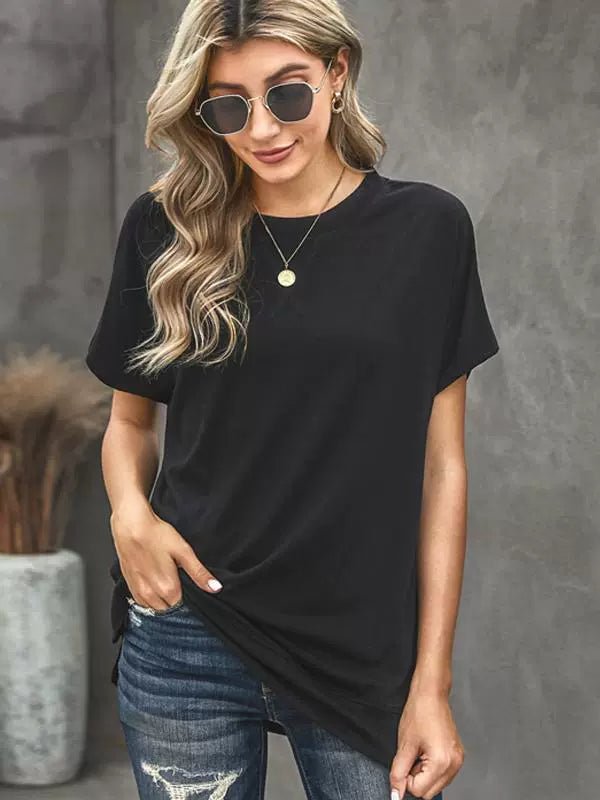 2024 Summer New Arrival Shoulder Solid Color round Neck Short Sleeves T-shirt Female European and American Leisure Minimalist Easiest for Match Three Quarter Sleeve Tops - Kaiju Mafia