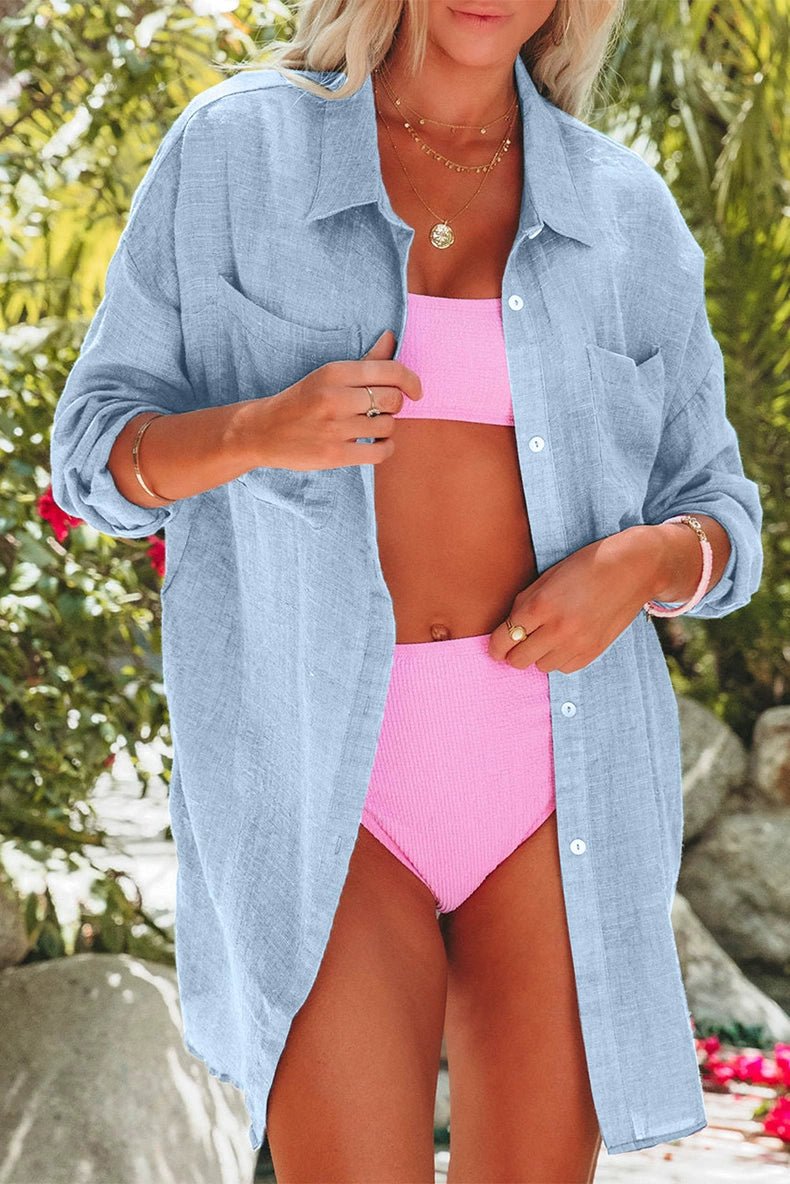 Summer New Arrival Mid Length Long Length Bikini Cover - up Chiffon Shirt for Women Fashion Beach Vacation Style Loose Sun Protective Blouse - Kaiju Mafia