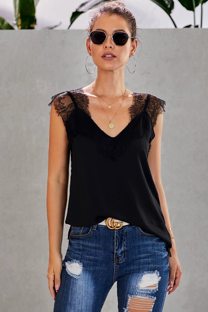 V Neck Loose Black Sleeveless Bottoming Top Lace - Kaiju Mafia
