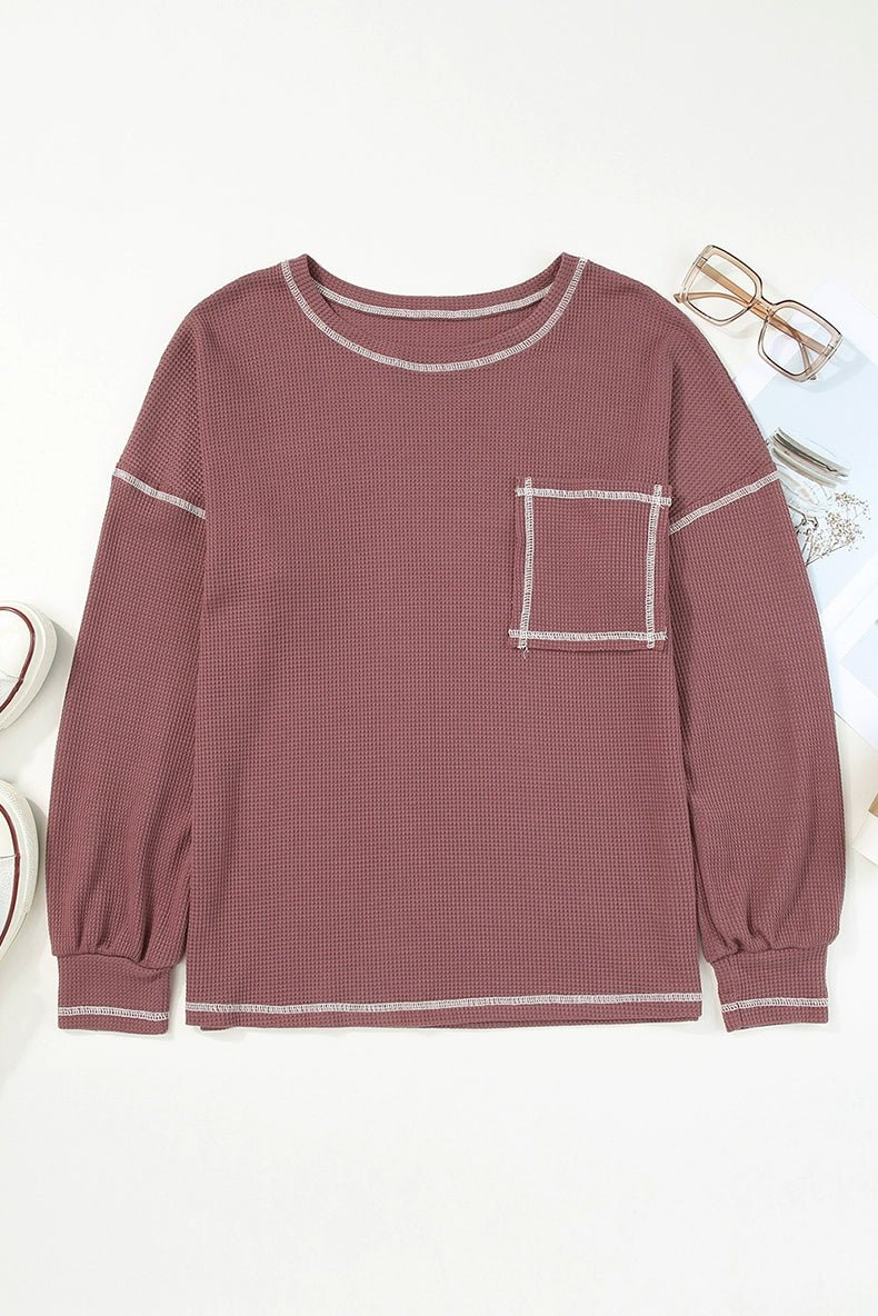 Spring New Arrival Pure Color Waffle Knitting T-shirt Female European and American Leisure Wind Pullover round Neck Long Sleeve Top Female - Kaiju Mafia