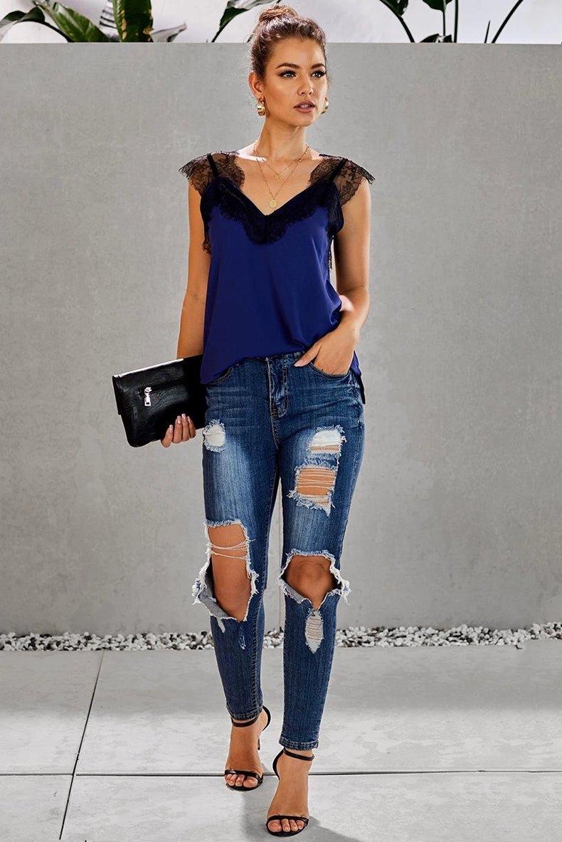 V Neck Loose Black Sleeveless Bottoming Top Lace - Kaiju Mafia