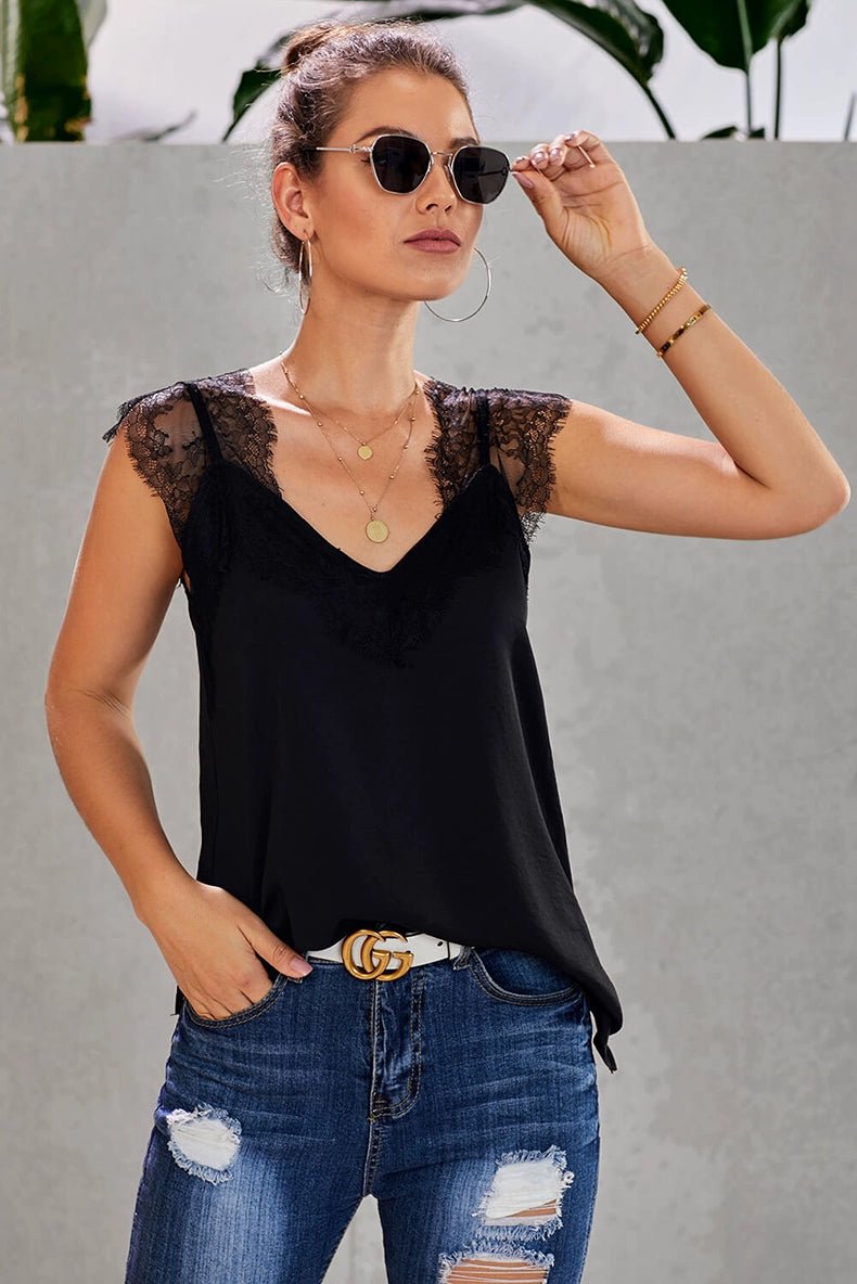 V Neck Loose Black Sleeveless Bottoming Top Lace - Kaiju Mafia