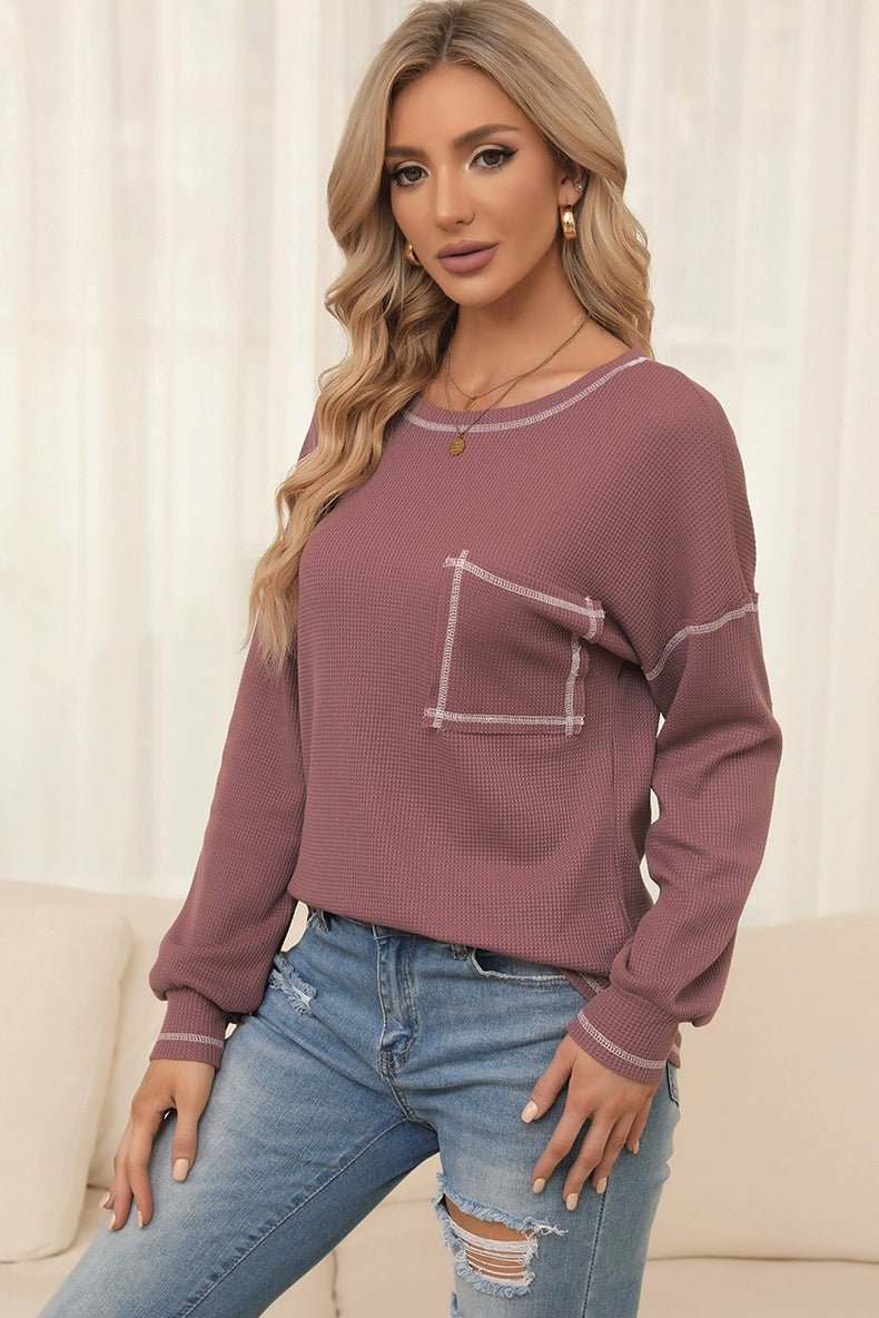 Spring New Arrival Pure Color Waffle Knitting T-shirt Female European and American Leisure Wind Pullover round Neck Long Sleeve Top Female - Kaiju Mafia