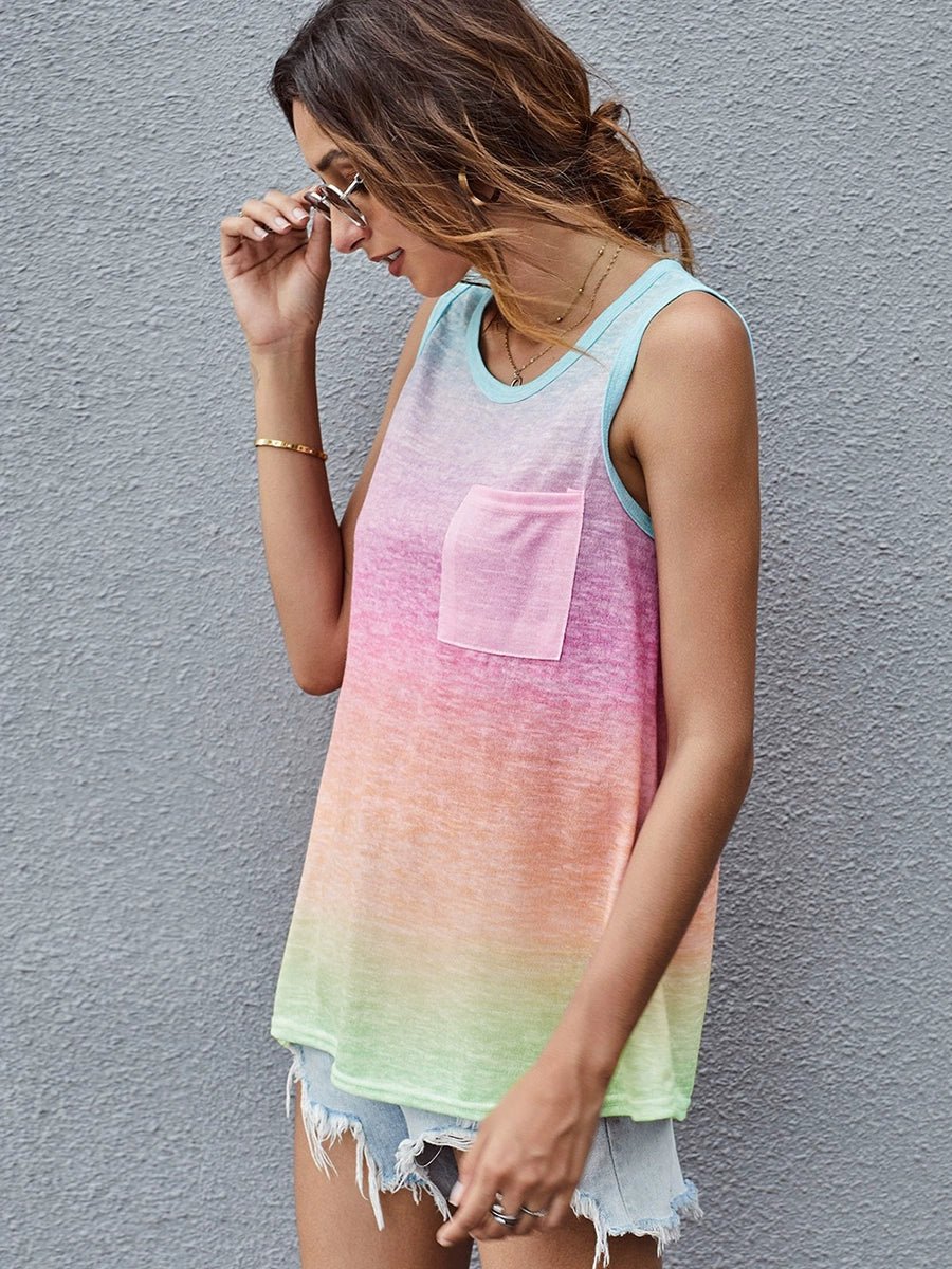 Summer New round Neck Loose Gradient Color Sleeveless T-shirt - Kaiju Mafia
