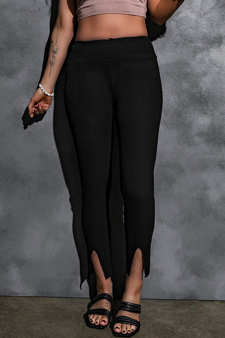 Fashion Wind Black Rib Knitting High Waist Slit Leggings Women 2024 Fall New Arrival Skinny Tappered Pants Women - Kaiju Mafia