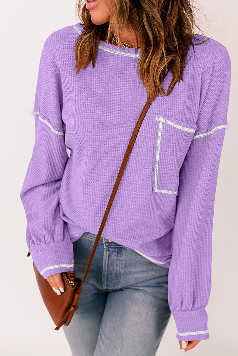 Spring New Arrival Pure Color Waffle Knitting T-shirt Female European and American Leisure Wind Pullover round Neck Long Sleeve Top Female - Kaiju Mafia