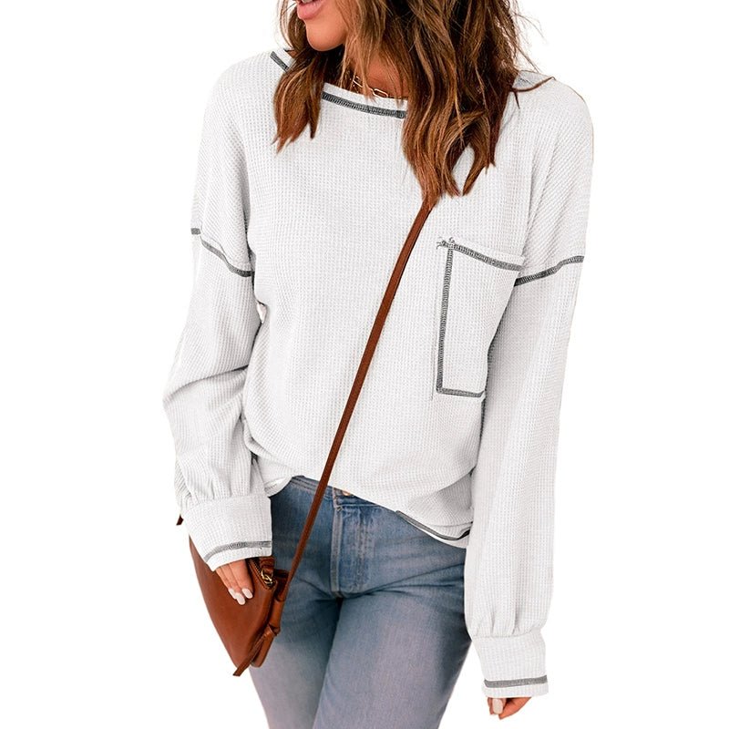 Spring New Arrival Pure Color Waffle Knitting T-shirt Female European and American Leisure Wind Pullover round Neck Long Sleeve Top Female - Kaiju Mafia