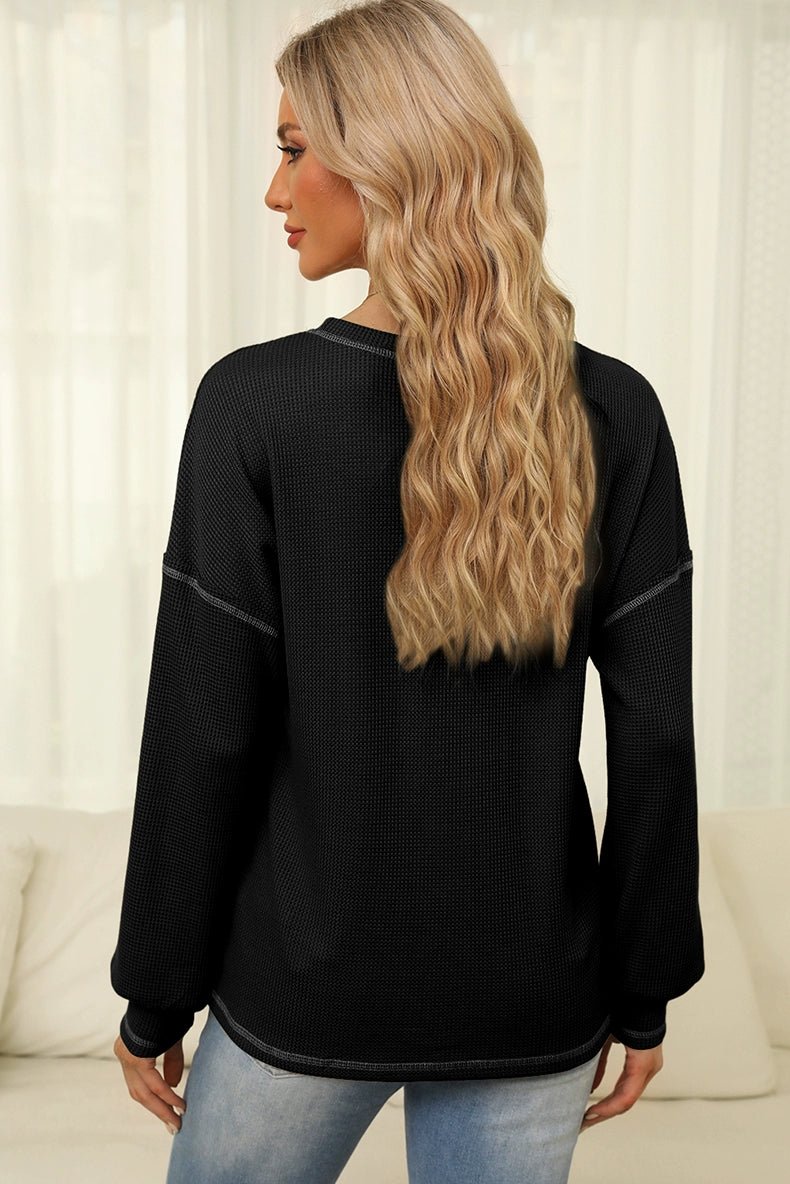 Spring New Arrival Pure Color Waffle Knitting T-shirt Female European and American Leisure Wind Pullover round Neck Long Sleeve Top Female - Kaiju Mafia