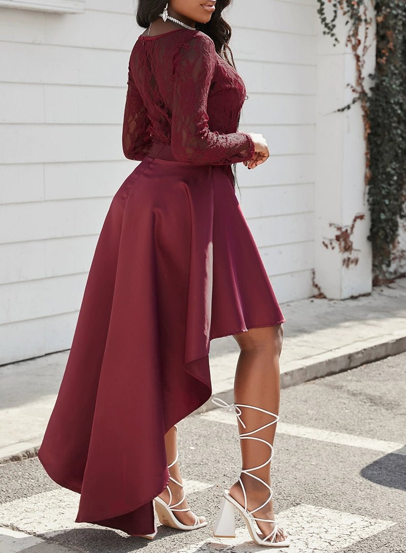 Dilamon Fall and Winter New round Neck Long Sleeves Lace Lace Dovetail Satin Prom Party Dress Dress Long Dress - Kaiju Mafia