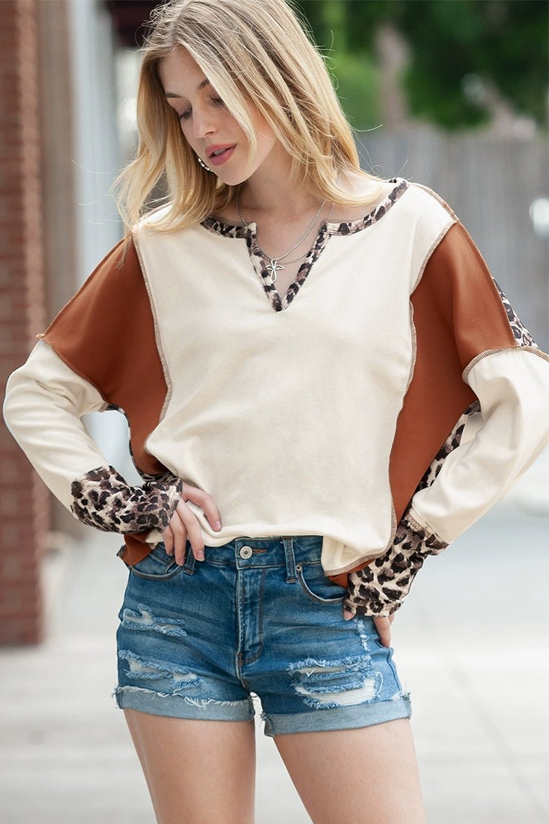 Fashion Leopard Print Stitching Long Sleeve T-shirt Women 2024 Spring & Fall New V - neck Pullover Women Casual Pullover Tops - Kaiju Mafia