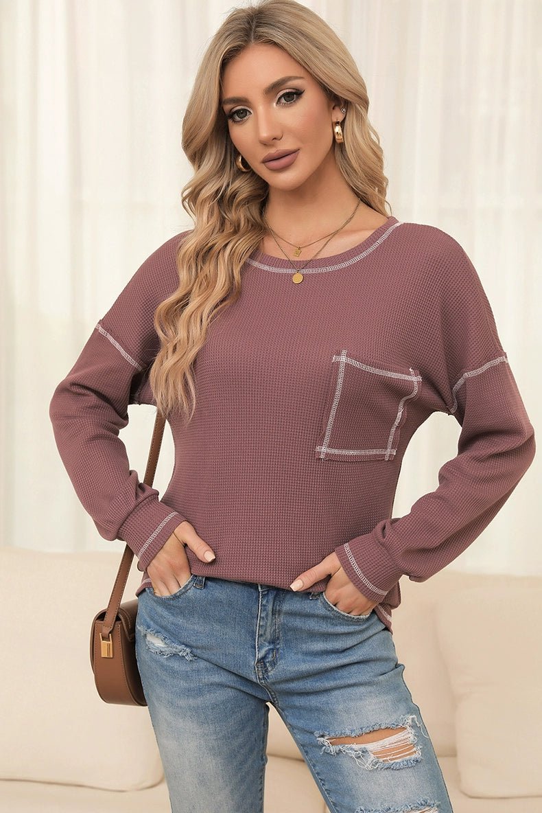 Spring New Arrival Pure Color Waffle Knitting T-shirt Female European and American Leisure Wind Pullover round Neck Long Sleeve Top Female - Kaiju Mafia