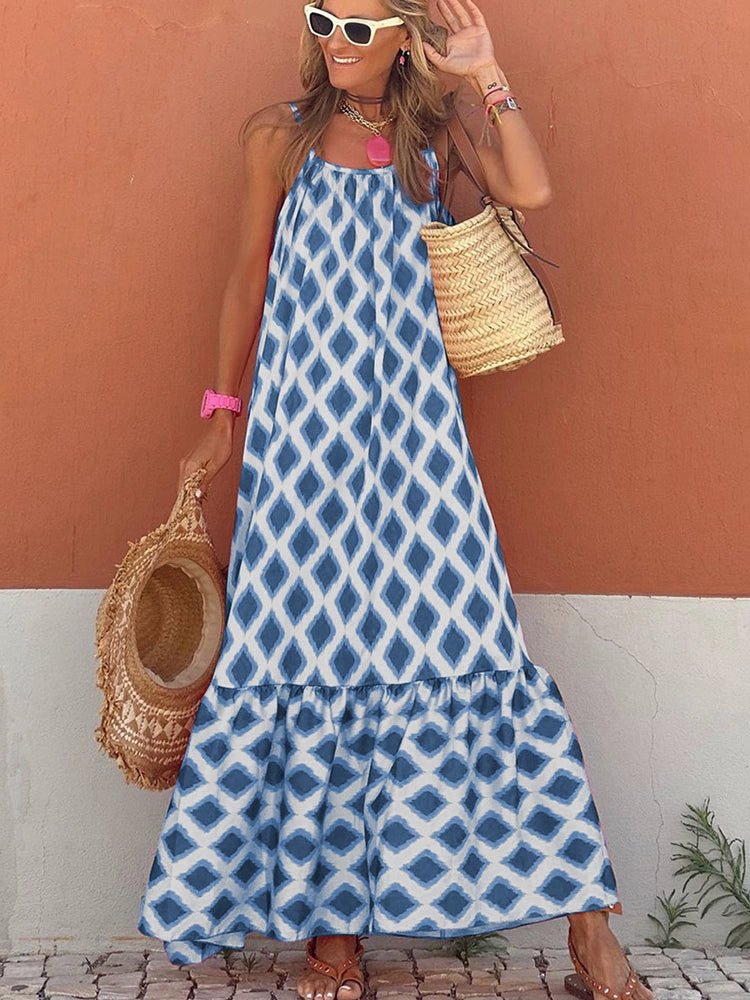 Fashion Geometric Print Sling Long Dress 2024 Summer New Arrival Loose Waist round Neck Sleeveless Thin Dress - Kaiju Mafia