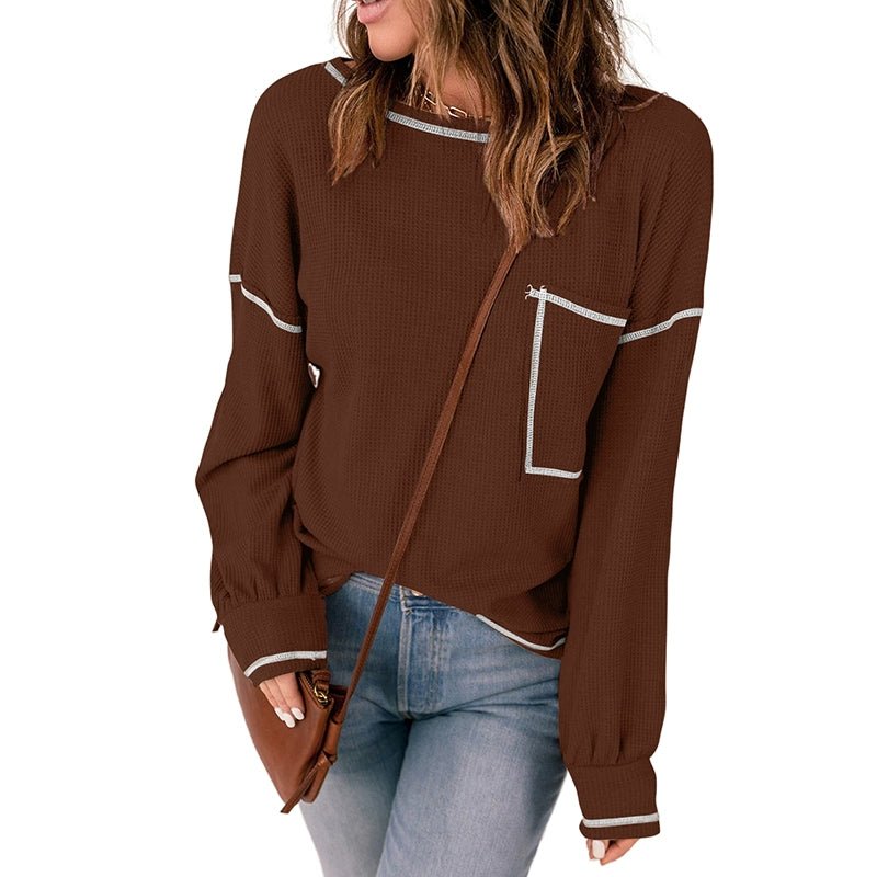 Spring New Arrival Pure Color Waffle Knitting T-shirt Female European and American Leisure Wind Pullover round Neck Long Sleeve Top Female - Kaiju Mafia