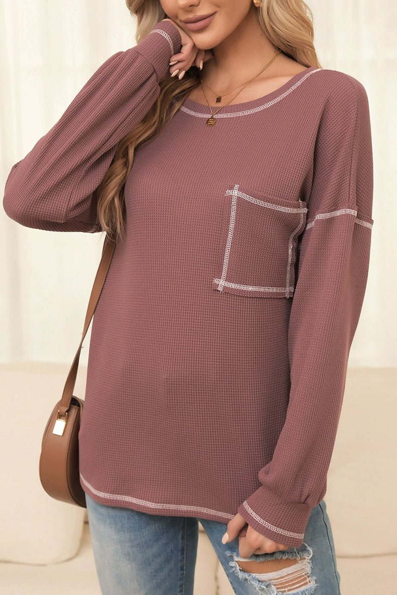 Spring New Arrival Pure Color Waffle Knitting T-shirt Female European and American Leisure Wind Pullover round Neck Long Sleeve Top Female - Kaiju Mafia