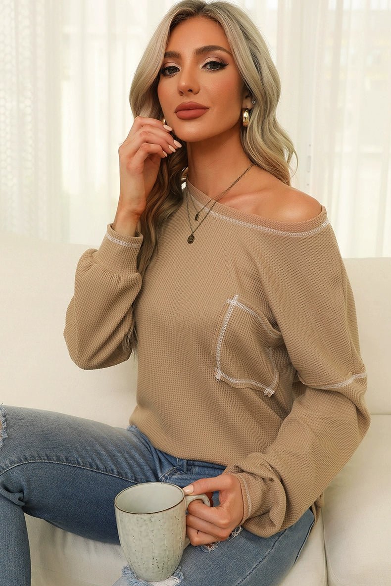 Spring New Arrival Pure Color Waffle Knitting T-shirt Female European and American Leisure Wind Pullover round Neck Long Sleeve Top Female - Kaiju Mafia