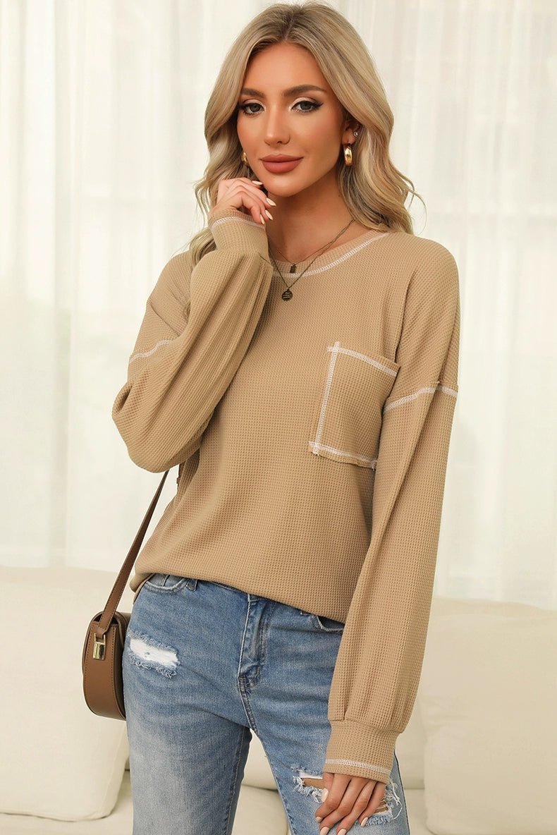 Spring New Arrival Pure Color Waffle Knitting T-shirt Female European and American Leisure Wind Pullover round Neck Long Sleeve Top Female - Kaiju Mafia