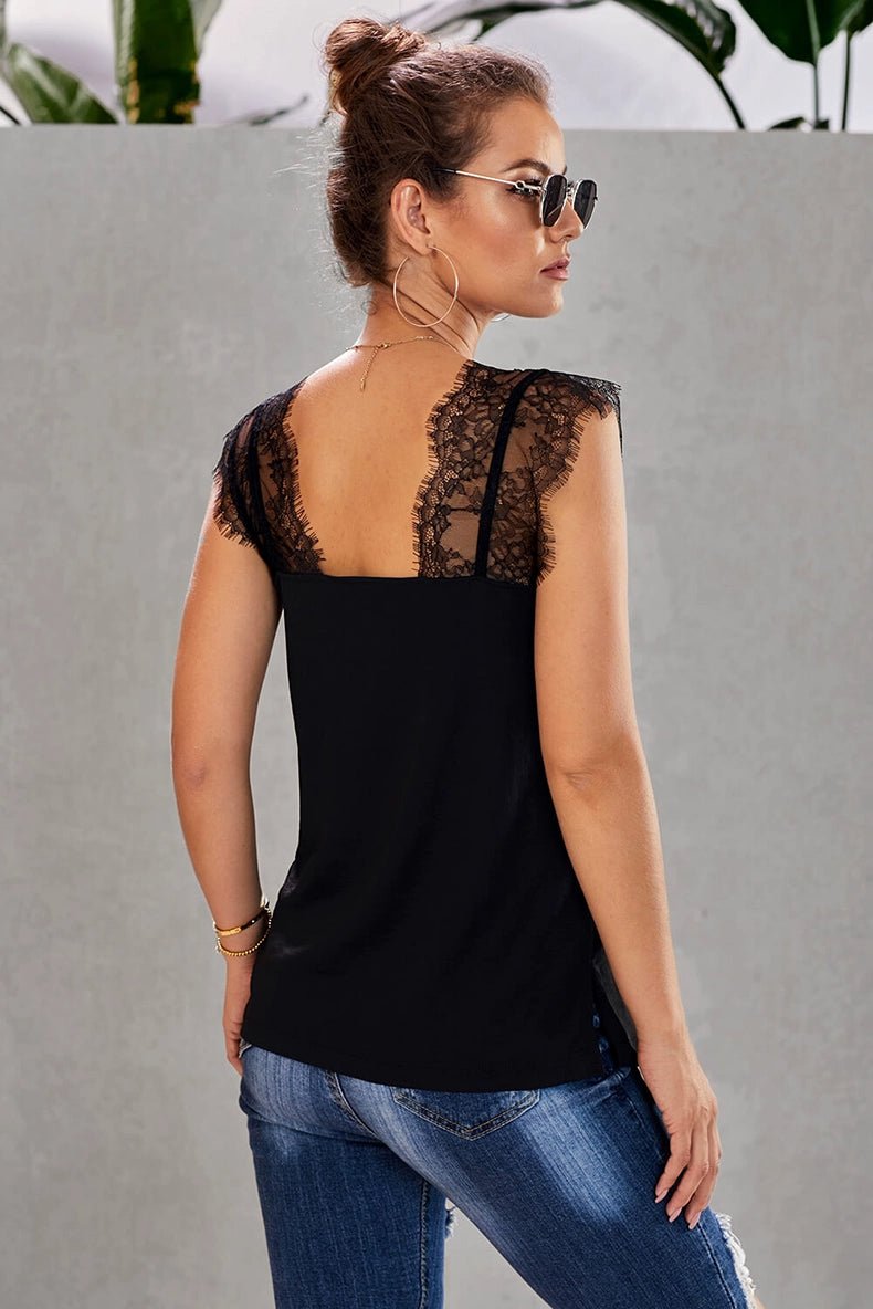 V Neck Loose Black Sleeveless Bottoming Top Lace - Kaiju Mafia