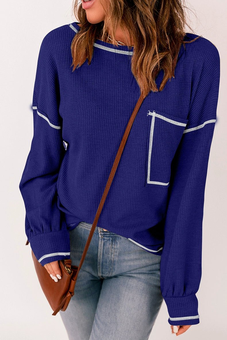 Spring New Arrival Pure Color Waffle Knitting T-shirt Female European and American Leisure Wind Pullover round Neck Long Sleeve Top Female - Kaiju Mafia