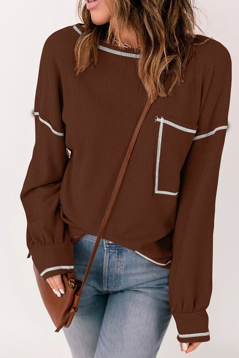 Spring New Arrival Pure Color Waffle Knitting T-shirt Female European and American Leisure Wind Pullover round Neck Long Sleeve Top Female - Kaiju Mafia