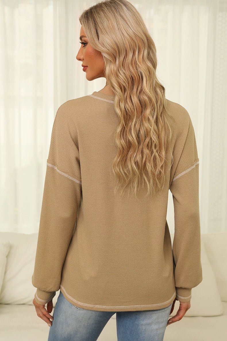 Spring New Arrival Pure Color Waffle Knitting T-shirt Female European and American Leisure Wind Pullover round Neck Long Sleeve Top Female - Kaiju Mafia