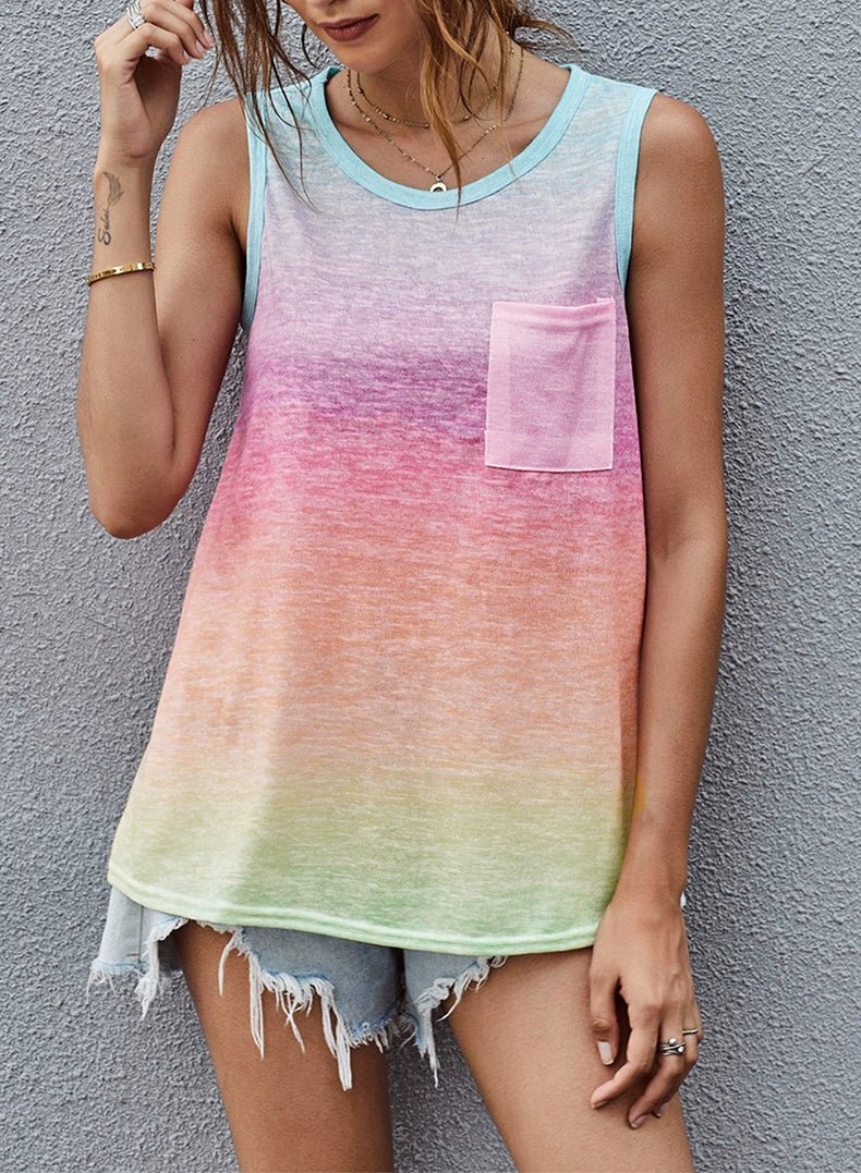 Summer New round Neck Loose Gradient Color Sleeveless T-shirt - Kaiju Mafia