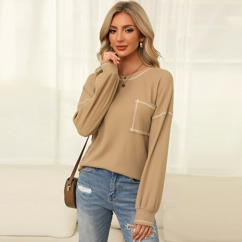 Spring New Arrival Pure Color Waffle Knitting T-shirt Female European and American Leisure Wind Pullover round Neck Long Sleeve Top Female - Kaiju Mafia