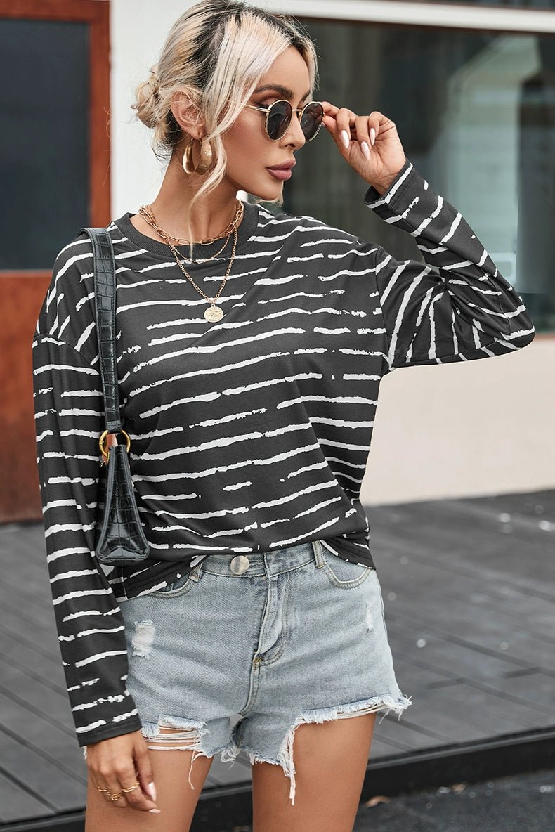 Stripes Thin Tops round Neck Pullover Long Sleeves T-shirt - Kaiju Mafia