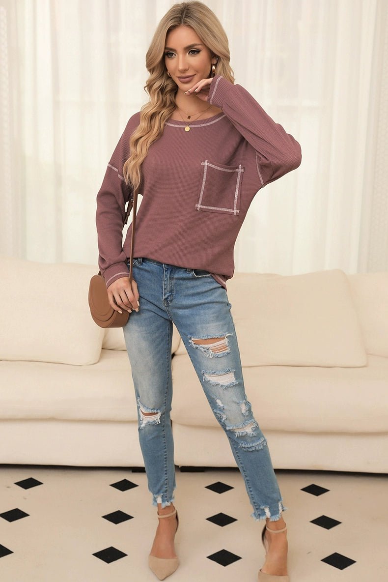 Spring New Arrival Pure Color Waffle Knitting T-shirt Female European and American Leisure Wind Pullover round Neck Long Sleeve Top Female - Kaiju Mafia