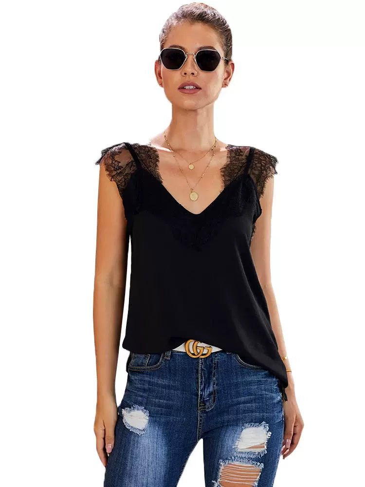 V Neck Loose Black Sleeveless Bottoming Top Lace - Kaiju Mafia