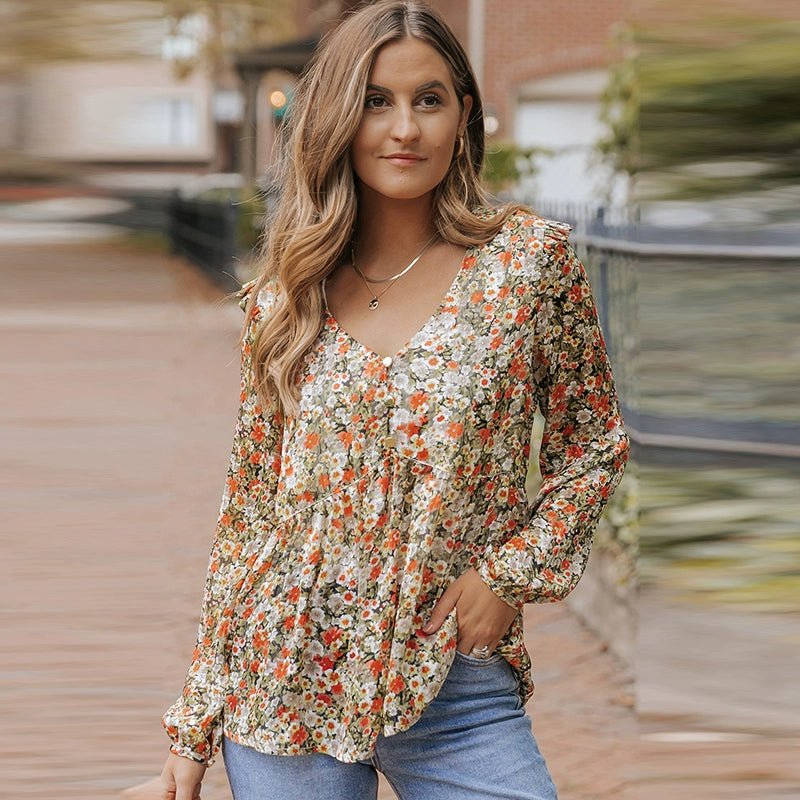 2024 Fall V Neck Floral Print Long Sleeve Pullover Shirt - Slimming Tops Women - Kaiju Mafia