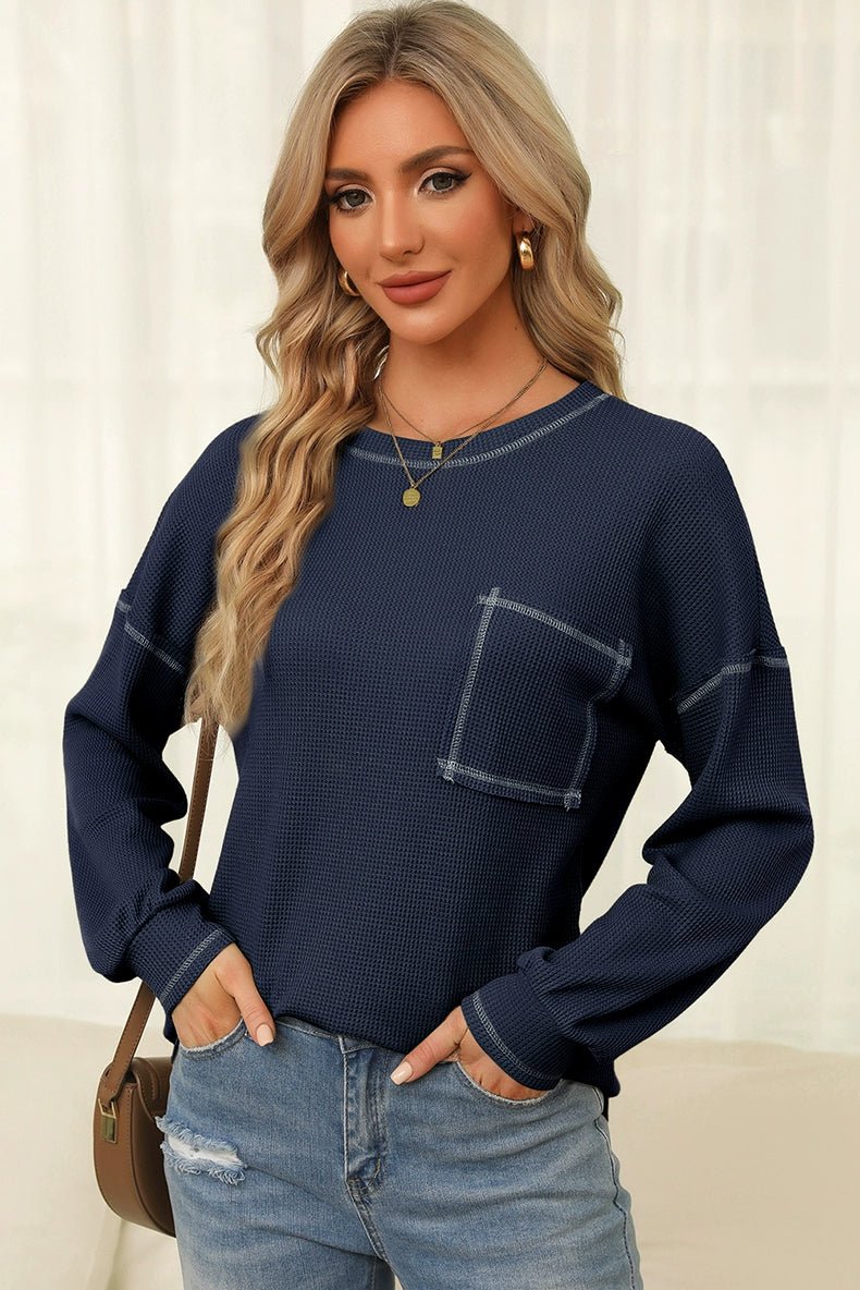 Spring New Arrival Pure Color Waffle Knitting T-shirt Female European and American Leisure Wind Pullover round Neck Long Sleeve Top Female - Kaiju Mafia