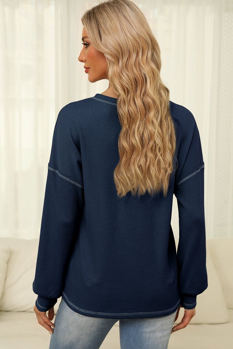 Spring New Arrival Pure Color Waffle Knitting T-shirt Female European and American Leisure Wind Pullover round Neck Long Sleeve Top Female - Kaiju Mafia