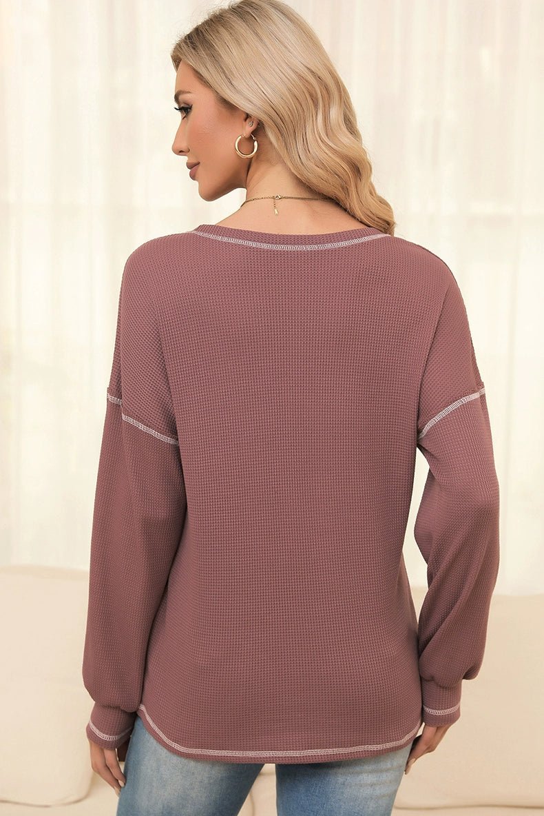 Spring New Arrival Pure Color Waffle Knitting T-shirt Female European and American Leisure Wind Pullover round Neck Long Sleeve Top Female - Kaiju Mafia