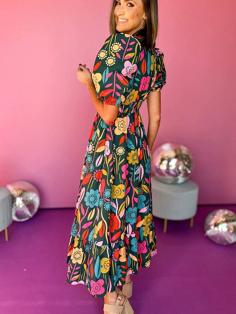 Fashion Short Sleeve Dress Summer Slimming Florals Print - Kaiju Mafia