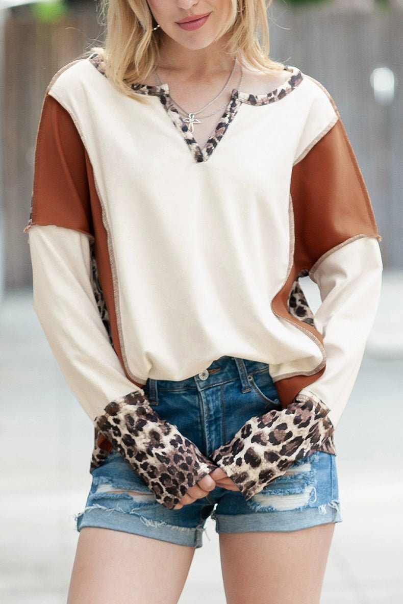 Fashion Leopard Print Stitching Long Sleeve T-shirt Women 2024 Spring & Fall New V - neck Pullover Women Casual Pullover Tops - Kaiju Mafia