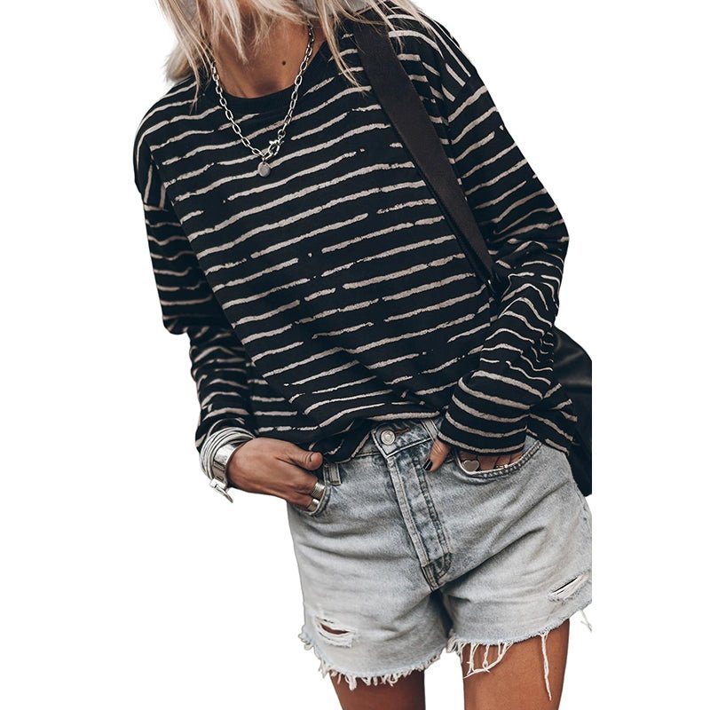 Stripes Thin Tops round Neck Pullover Long Sleeves T-shirt - Kaiju Mafia